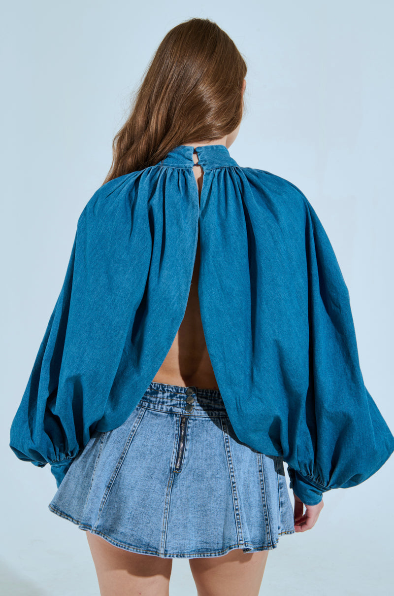 MASTERPIECE MEDIUM DENIM LONG SLEEVE PUFF BLOUSE