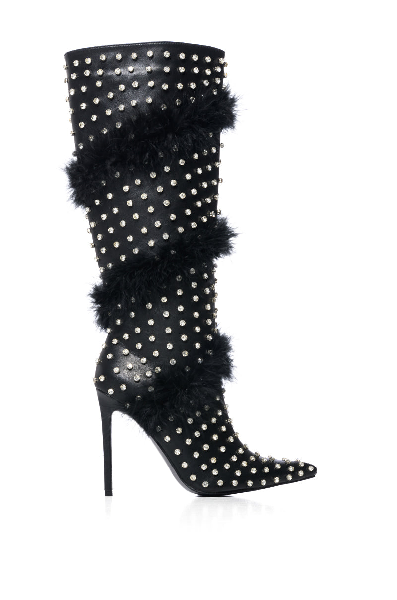 AZALEA WANG GARDENIA FEATHER EMBELLISHED BOOT IN BLACK