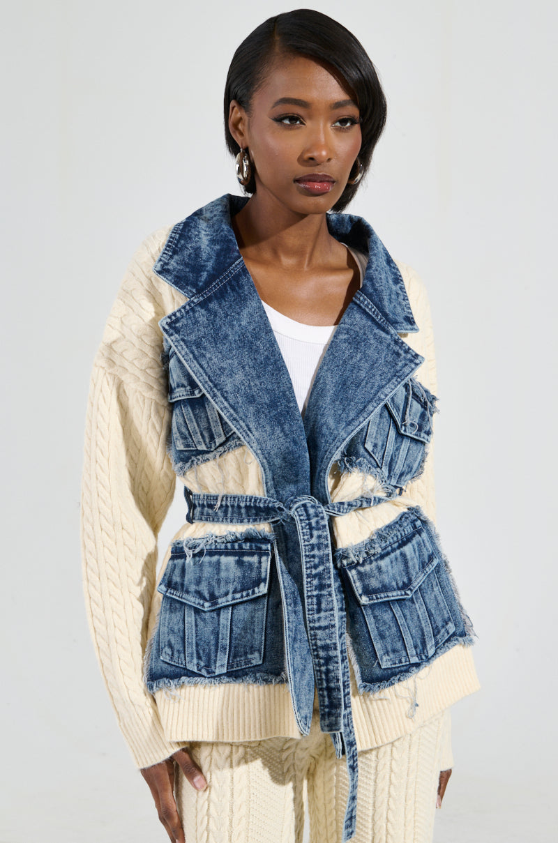 WORTHY OF LOVE CABLE KNIT TIE WAIST CARDIGAN IN CREAM