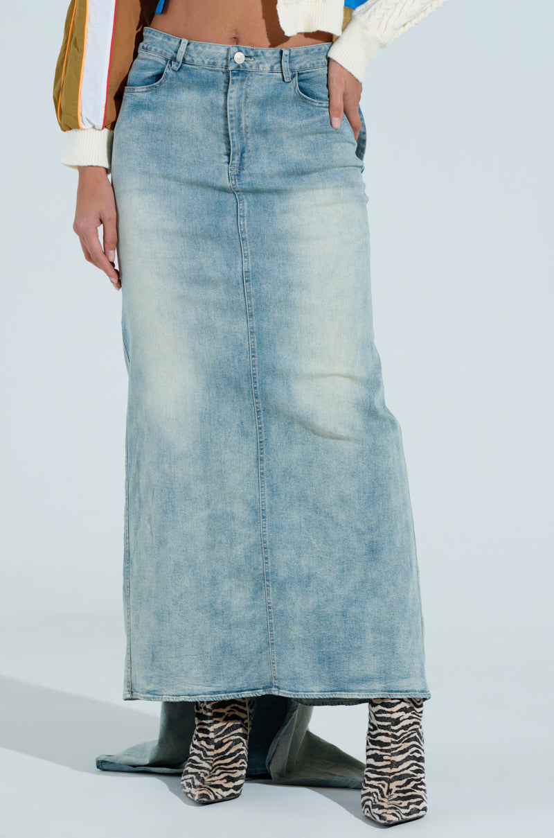 OH THE DRAMA BACK BOW DENIM MAXI SKIRT WITH TRAIN