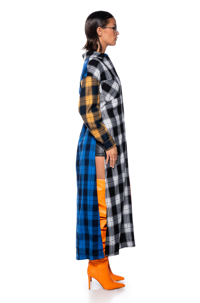 TEEN SPIRIT ULTRA LONG PLAID BUTTON DOWN