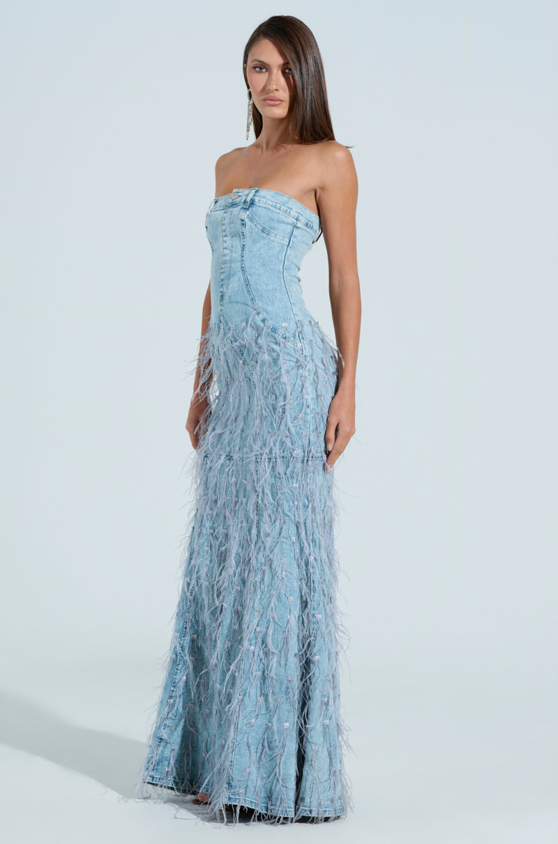 BRITTANY FEATHER DENIM MAXI DRESS