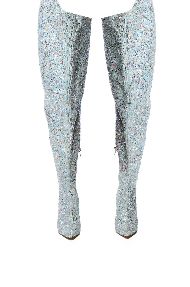 AZALEA WANG JINNY EMBELLISHED THIGH HIGH DENIM CHAP BOOT IN SILVER