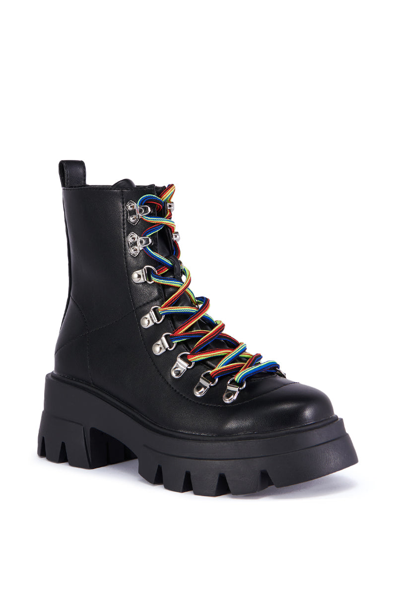 AZALEA WANG BRACKEN BLACK FLATFORM BOOTIE WITH RAINBOW LACES