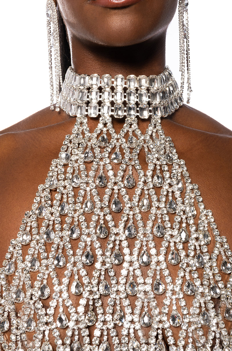 LOREN RHINESTONE HALTER NECK TOP IN SILVER
