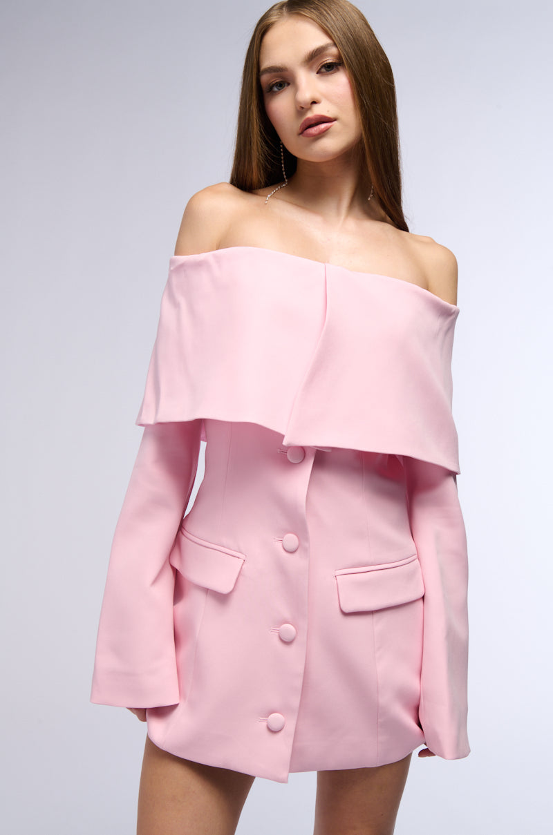 PRETTY IN PINK OFF THE SHOULDER BLAZER DRESS