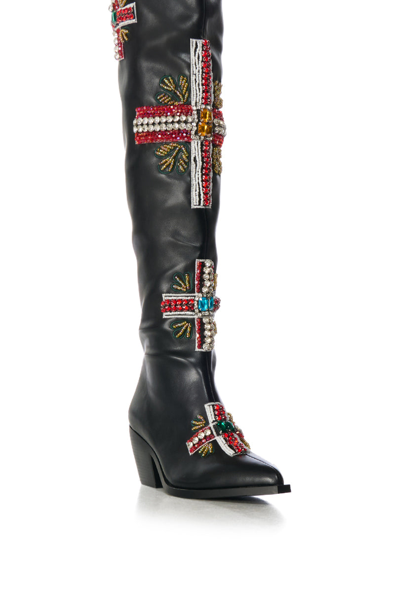 AZALEA WANG JAZLYN BLACK RHINESTONE EMBELLISHED WESTERN BOOT