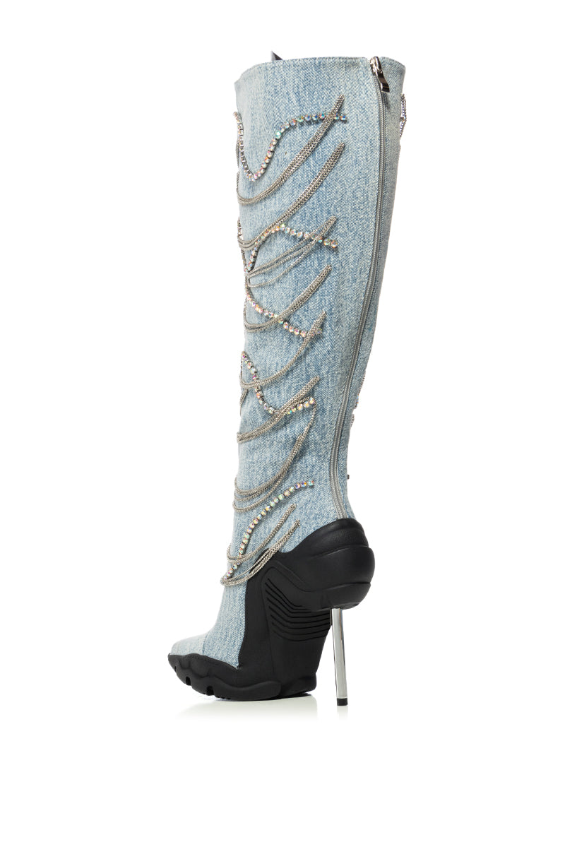 AZALEA WANG TATY DENIM CHAIN EMBELLISHED BOOT