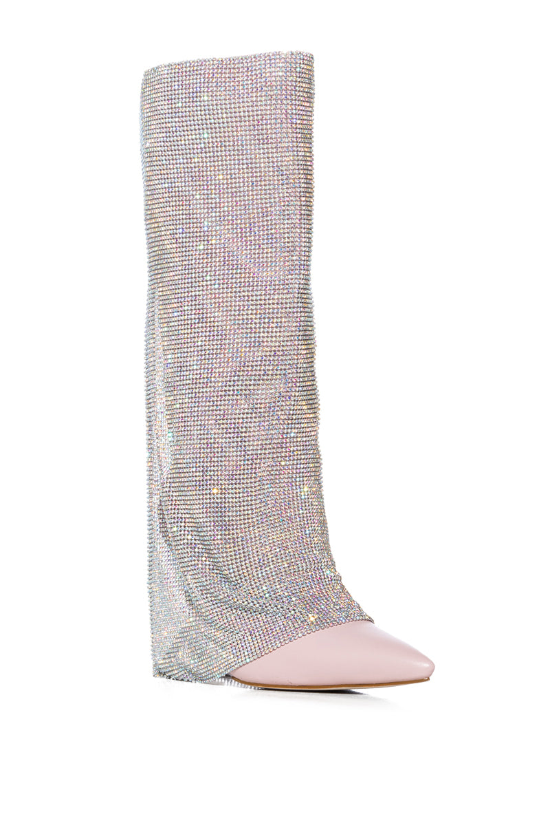 AZALEA WANG RHYANN RHINESTONE CHAINMAIL DRAPE BOOT IN PINK