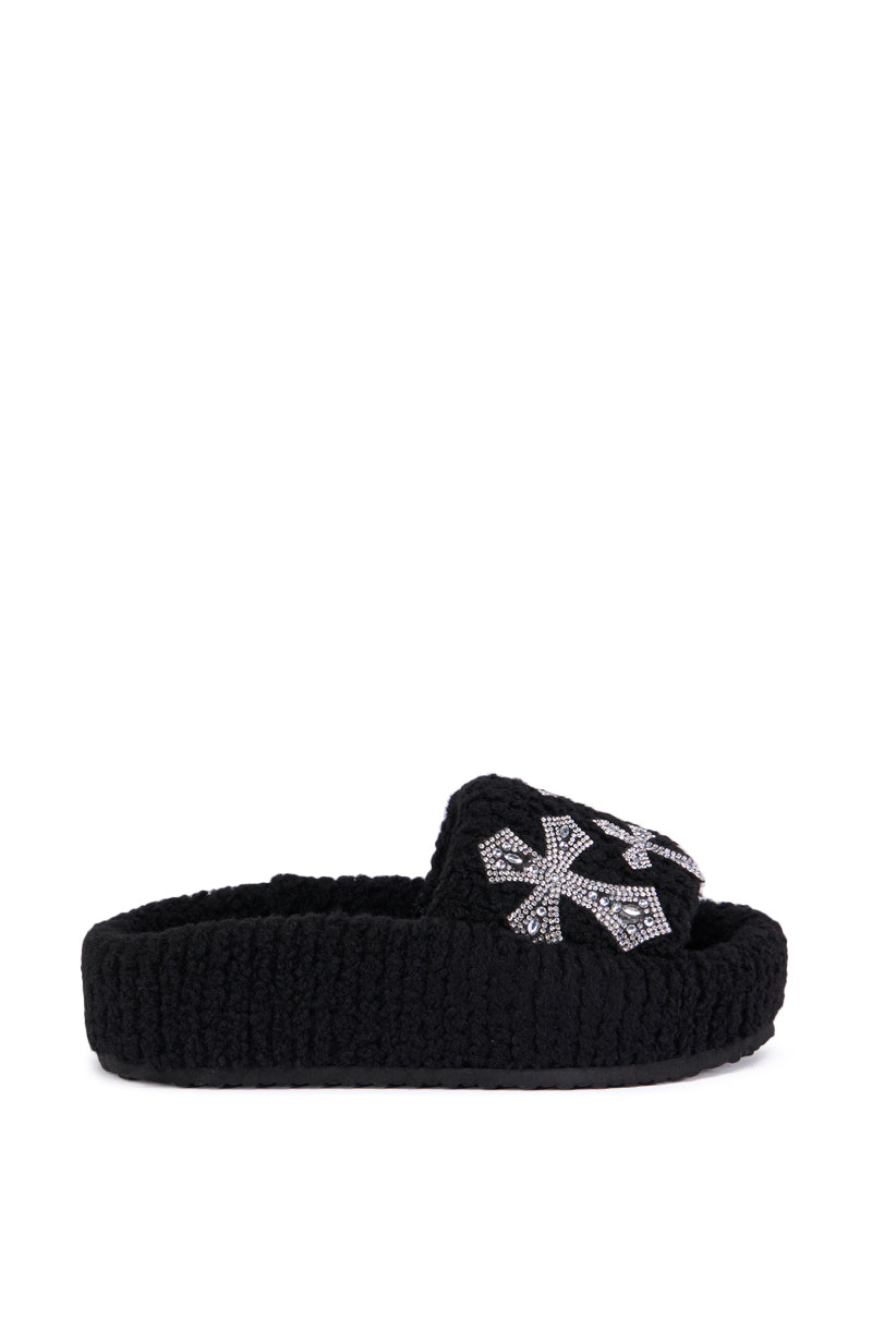 AZALEA WANG SUTTONED BLACK CROSS EMBELLISHED SLIP ON SANDAL