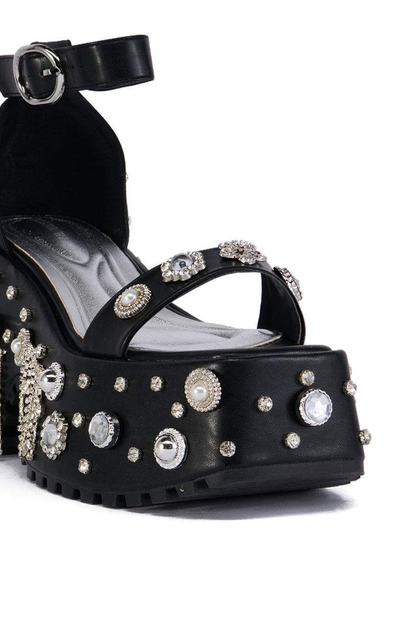 AZALEA WANG JONANN BLACK EMBELLISHED CHUNKY HEEL PLATFORM SANDAL