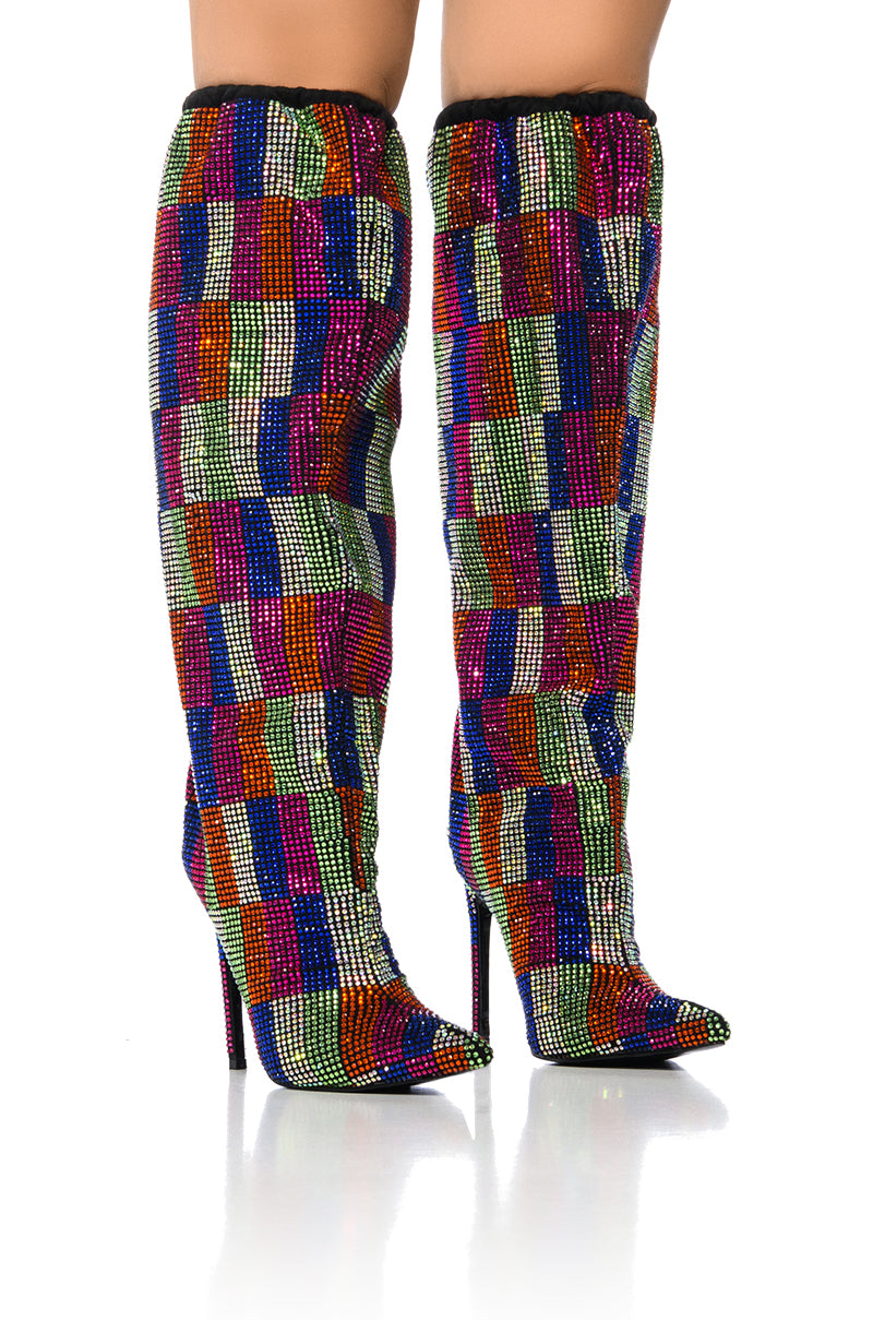 AZALEA WANG BELEN MULTI CHECKERBOARD RHINESTONE DETAIL BOOT