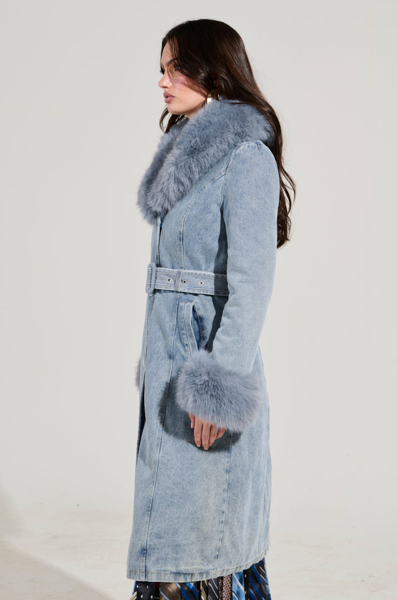 KAYA FUR TRIM TRENCH IN DENIM