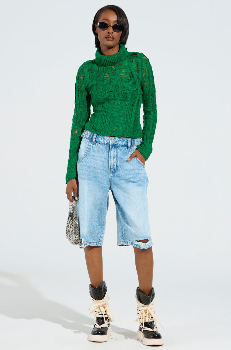 SEXY LOOSE WEAVE HIGH NECK SWEATER IN GREEN