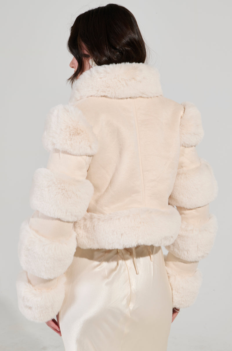 LOVERBOY FAUX FUR MOTO IN IVORY SUEDE