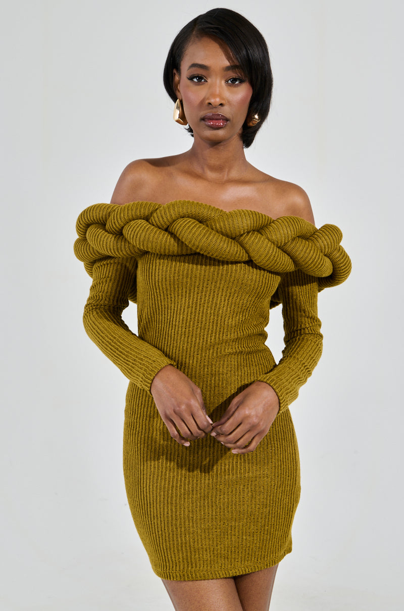 NOT IN THE MOOD KNIT BRAIDED MINI DRESS IN OLIVE