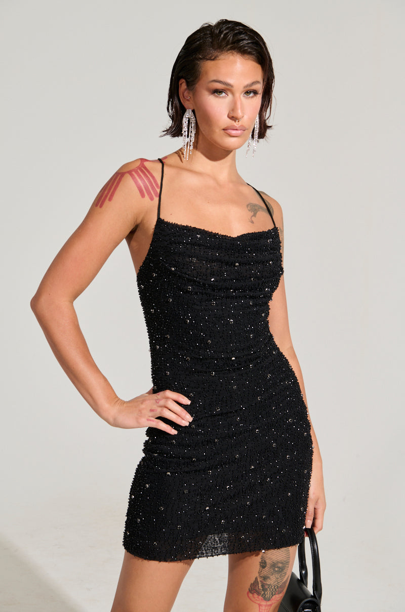 A NIGHT TO REMEMBER SLINKY RHINESTONE MINI DRESS IN BLACK