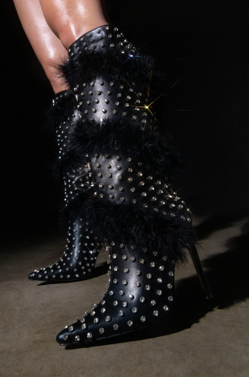 AZALEA WANG GARDENIA FEATHER EMBELLISHED BOOT IN BLACK