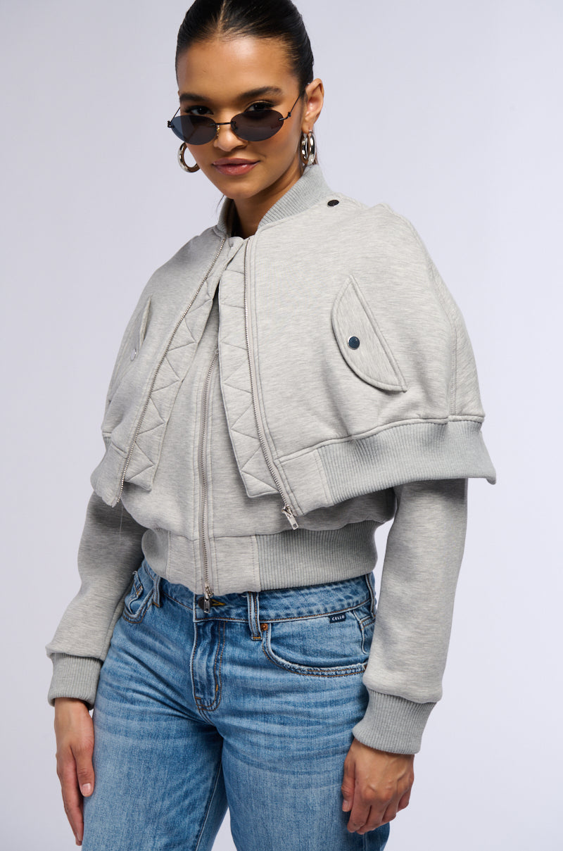 LYNX LAYERED BOMBER JACKET IN HEATHER GREY