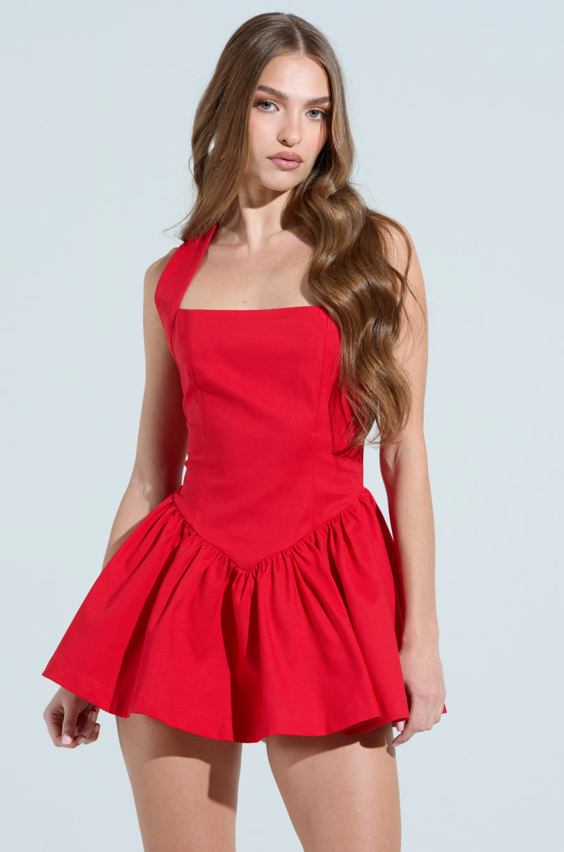 ROSALIA STRETCH LINEN MINI DRESS IN RED