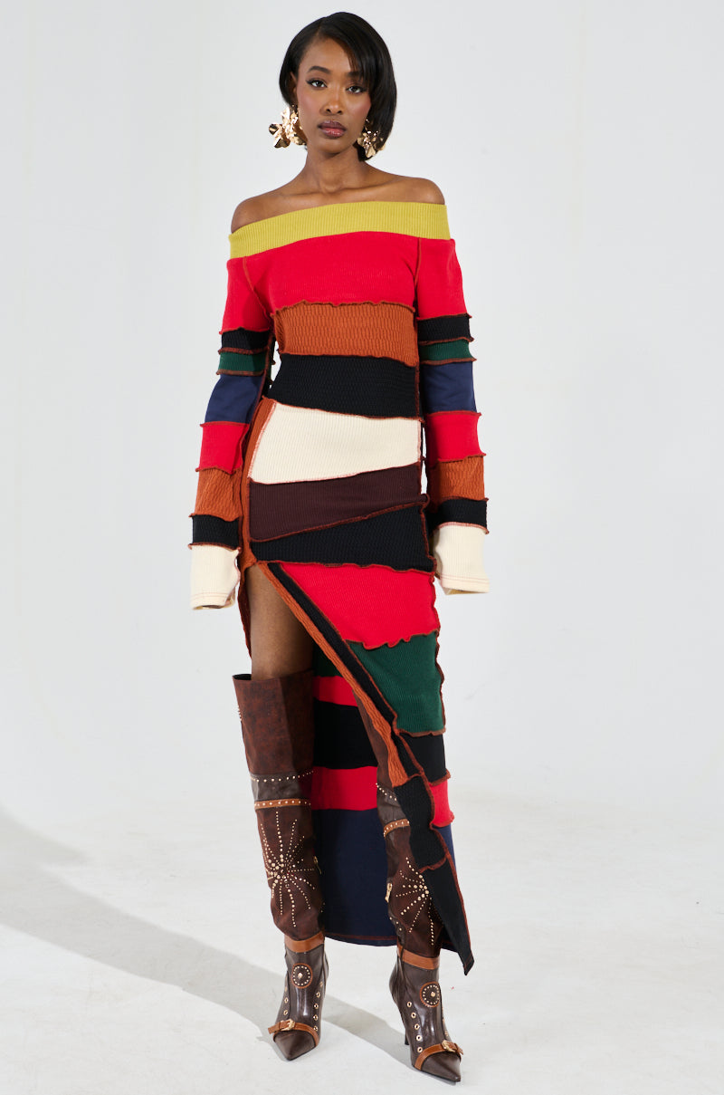 VERONICA KNIT PATCHWORK MIDI DRESS