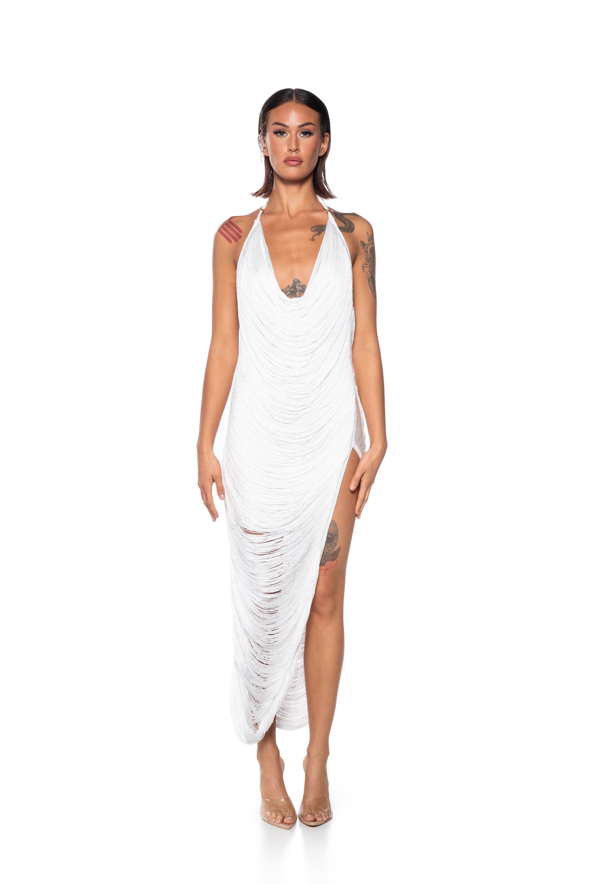 GIANINA FRINGED COWL NECK MAXI DRESS IN WHITE