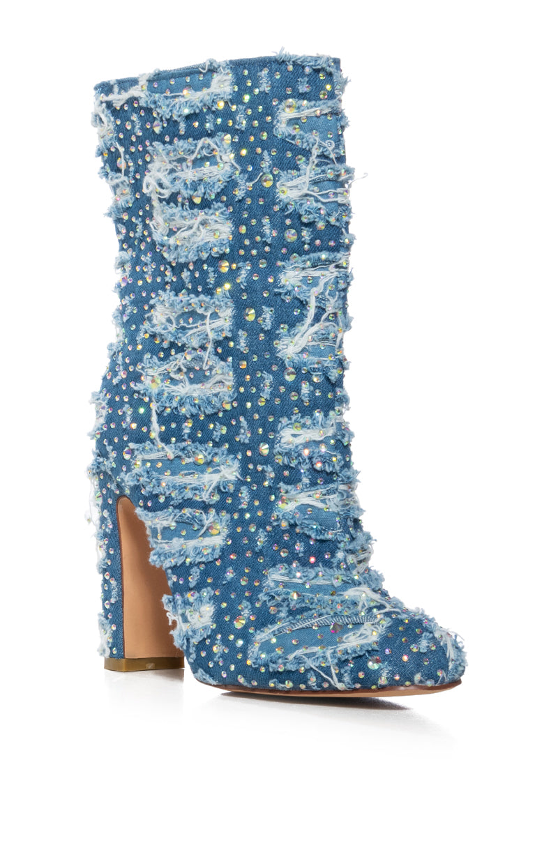 AZALEA WANG WHITEHAVEN DISTRESSED DENIM EMBELLISHED BOOTIE