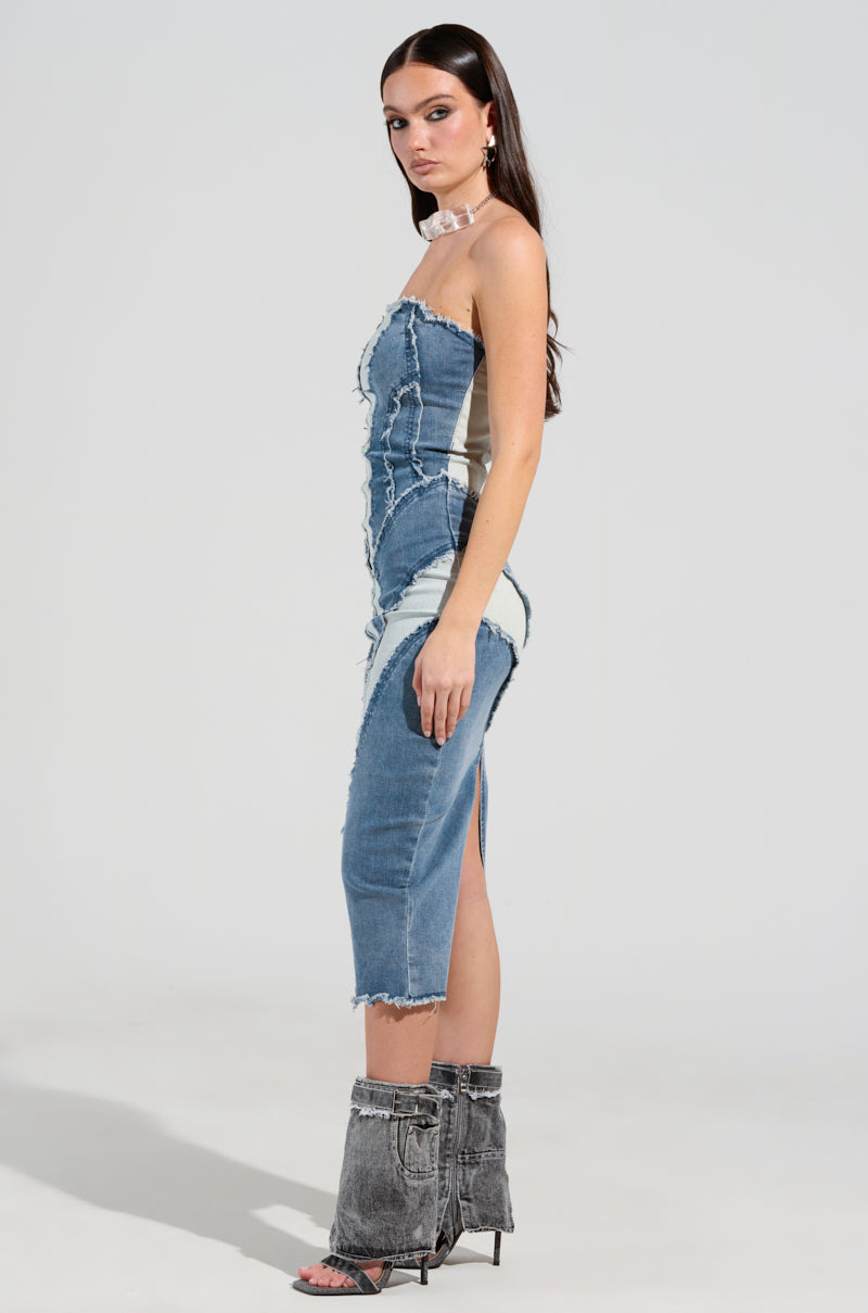 LAYLA DENIM PATCHWORK MIDI DRESS