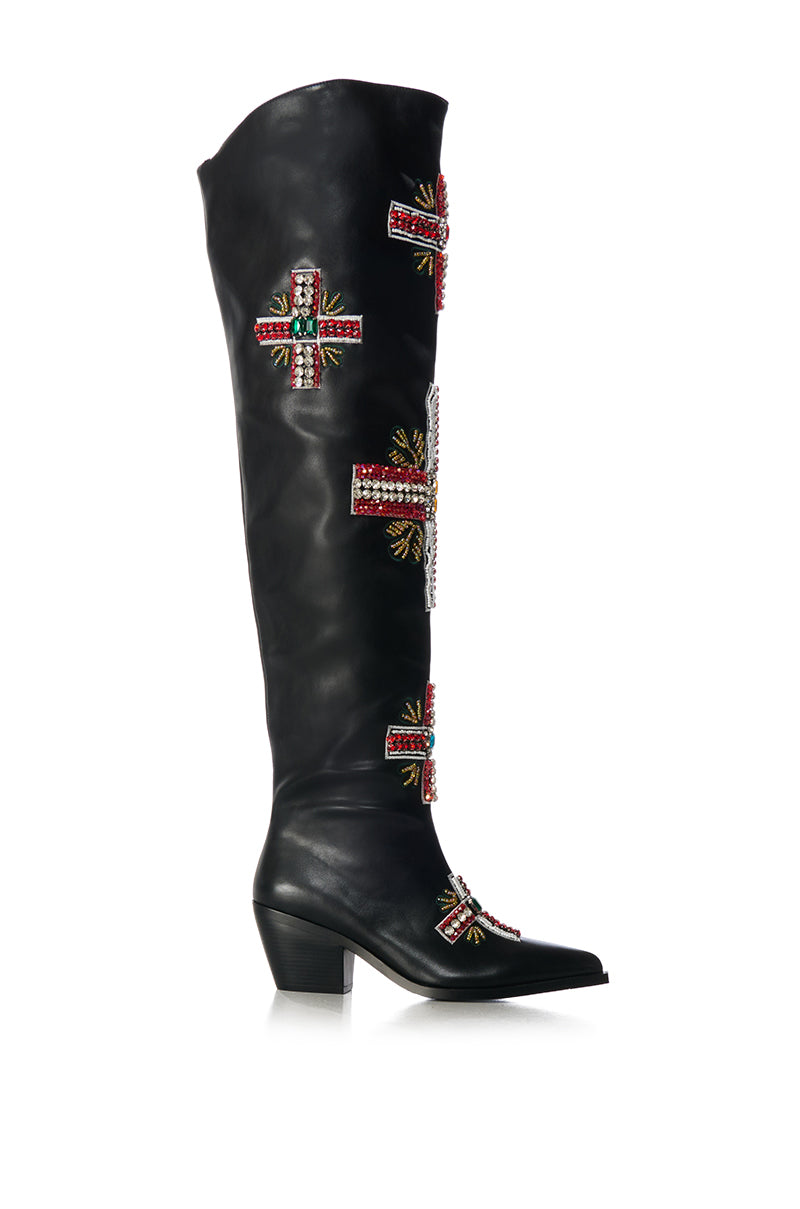 AZALEA WANG JAZLYN BLACK RHINESTONE EMBELLISHED WESTERN BOOT