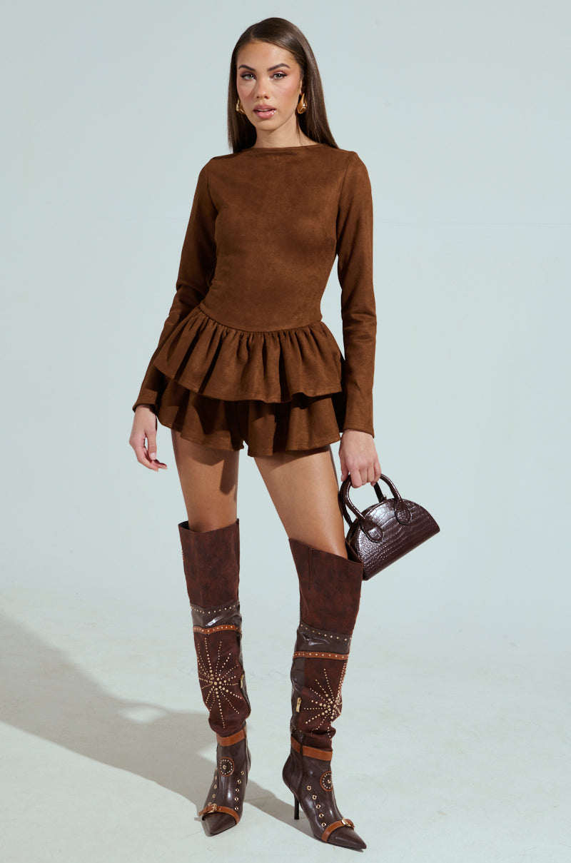 SUEDE RUFFLE LONG SLEEVE ROMPER