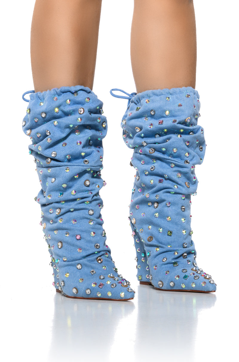 AZALEA WANG MIDDLETON EMBELLISHED DENIM BOOTIE