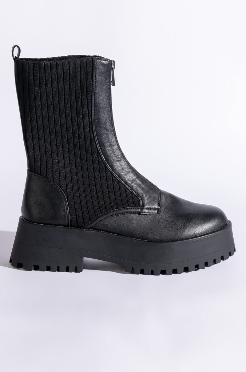 AZALEA WANG KENNEDY KNIT FRONT ZIP FLATFORM BOOTIE IN BLACK