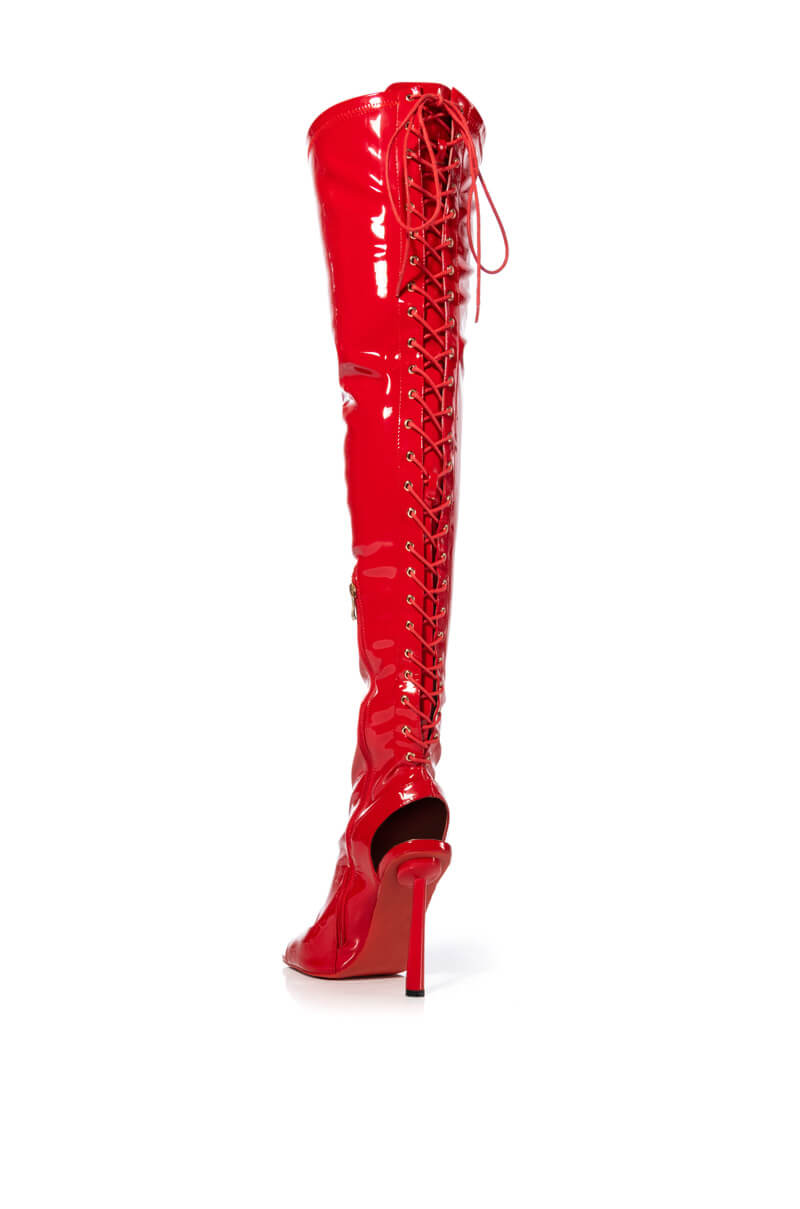 AZALEA WANG YORI SEXY PATENT OPEN TOE BOOT IN RED