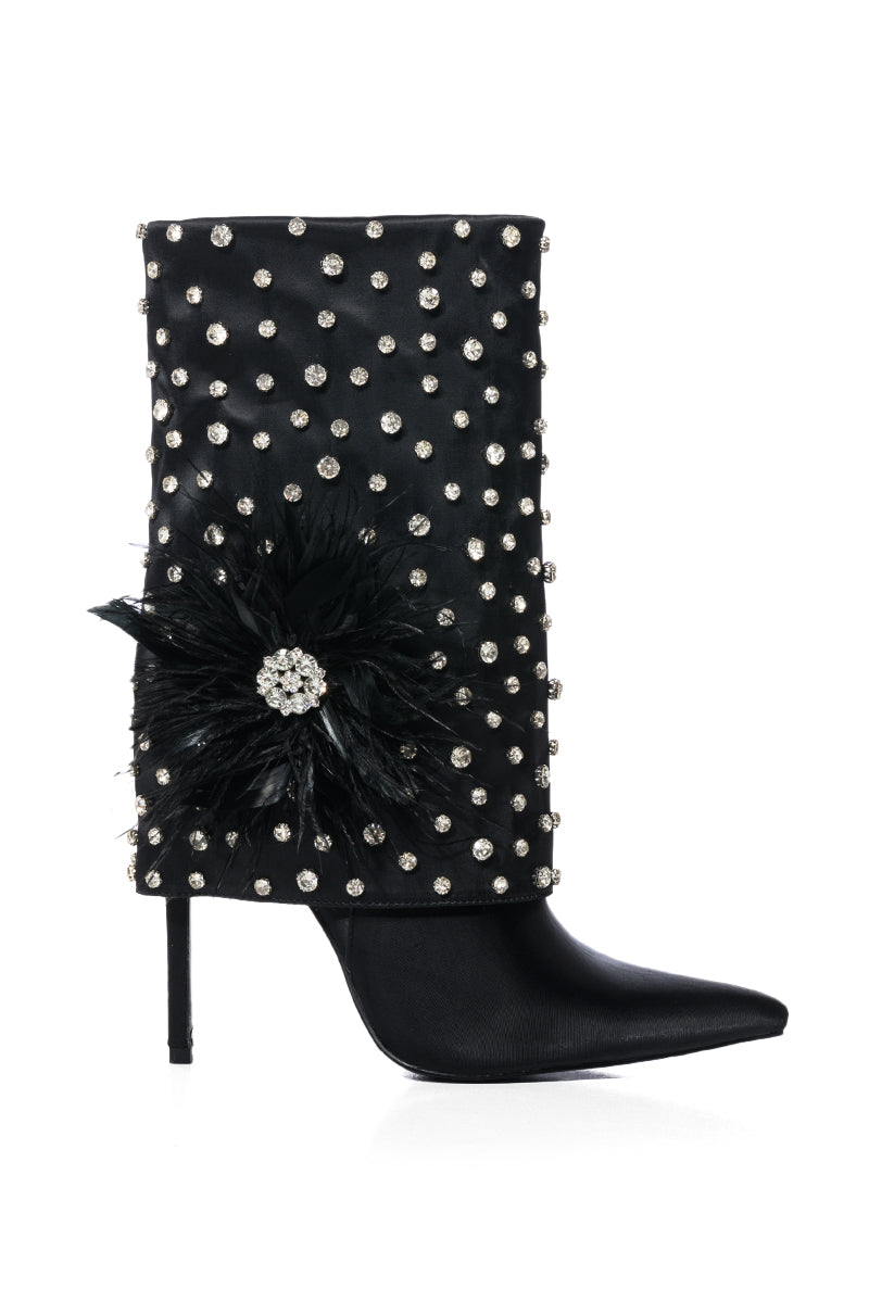 AZALEA WANG BLAISE BLACK DIAMOND STUDDED BOOT WITH FLOWER DETAIL