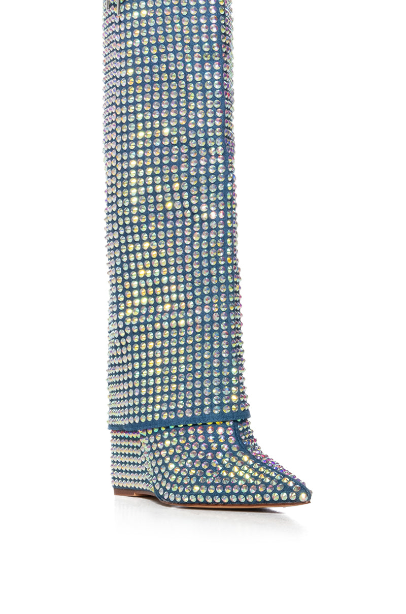 AZALEA WANG SMOOTH CRIMINAL DENIM DIAMOND COVERED WEDGE BOOT