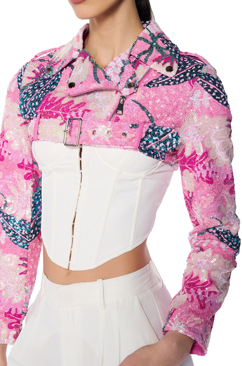 ULTRA CROP MOTO WITH FLORAL SEQUINS