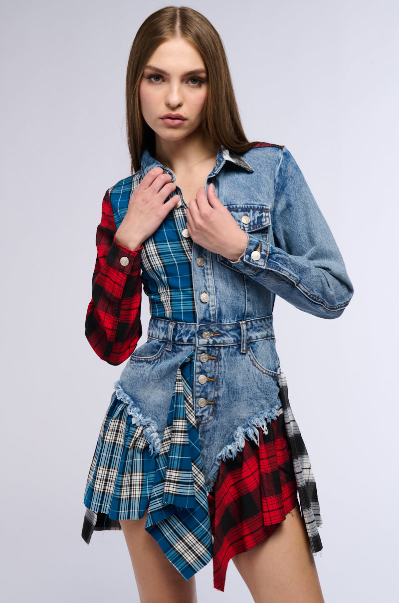 PATCHWORK PLAID DENIM MINI DRESS