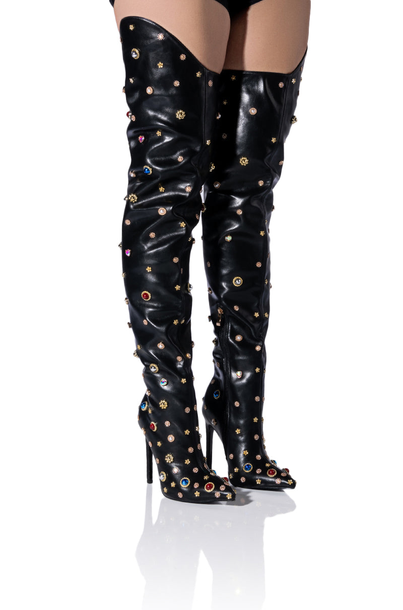 AZALEA WANG CORINNE EMBELLISHED ABOVE THE KNEE BOOT IN BLACK