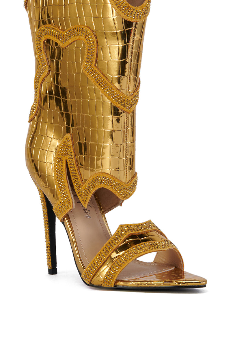 NANAYE GOLD WESTERN CROC EMBOSSED OPEN TOE SANDAL BOOTIE