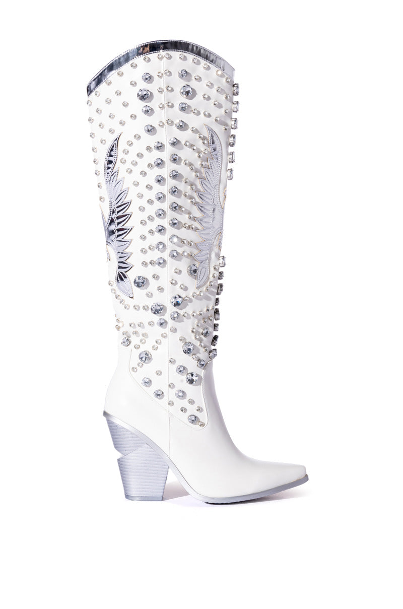 AZALEA WANG UPBEAT EMBELLISHED STILETTO BOOT IN WHITE