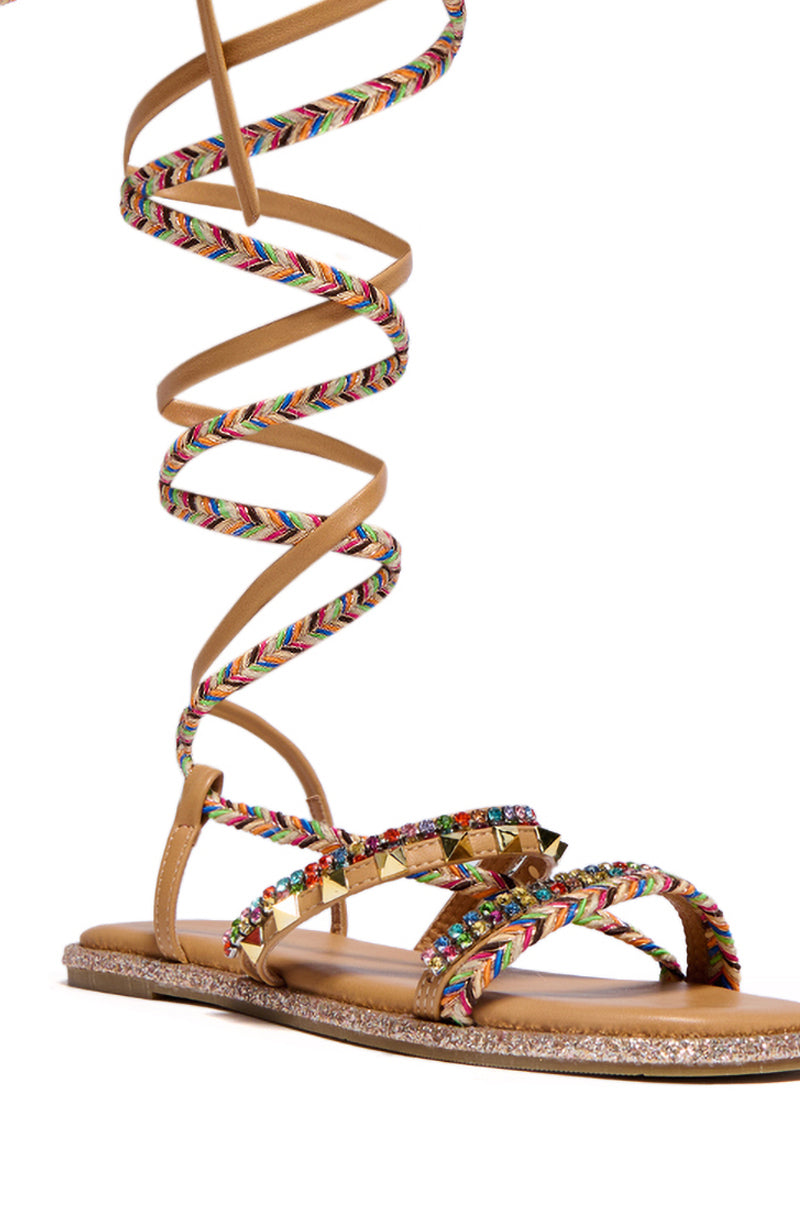 AZALEA WANG STREEP RHINESTONE STUDDED LACE UP SANDAL IN MULTI