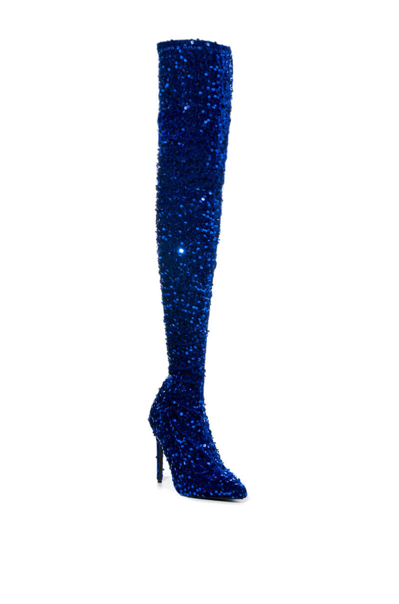 AZALEA WANG ULTRA STRETCH SEQUIN STILETTO BOOT IN BLUE