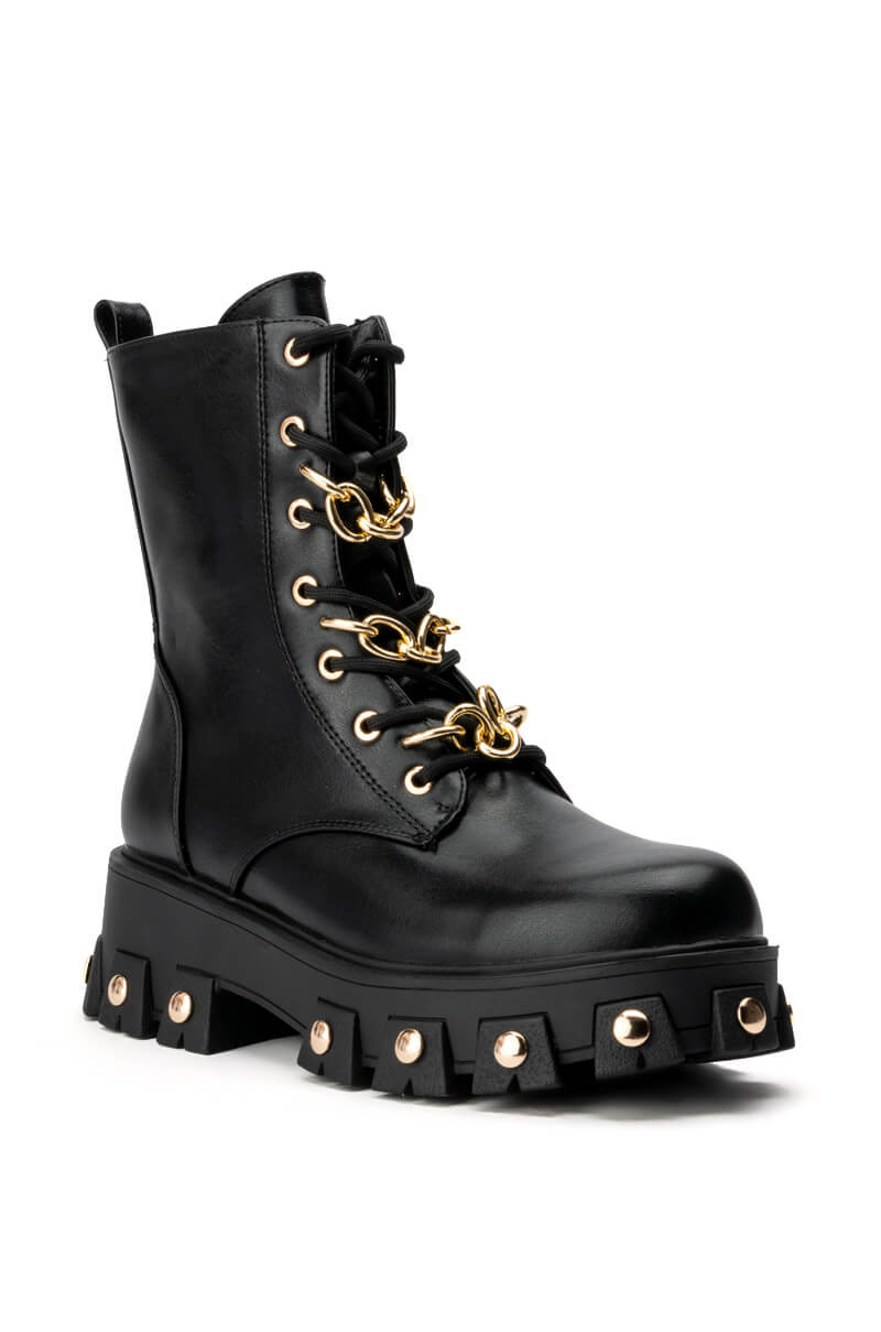 AZALEA WANG MARIE CHAIN LACE UP FLATFORM BOOTIE IN BLACK