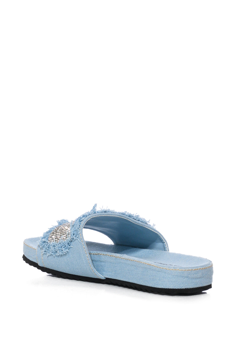 VISE EMBELLISHED SLIP ON DENIM SANDAL IN LIGHT BLUE