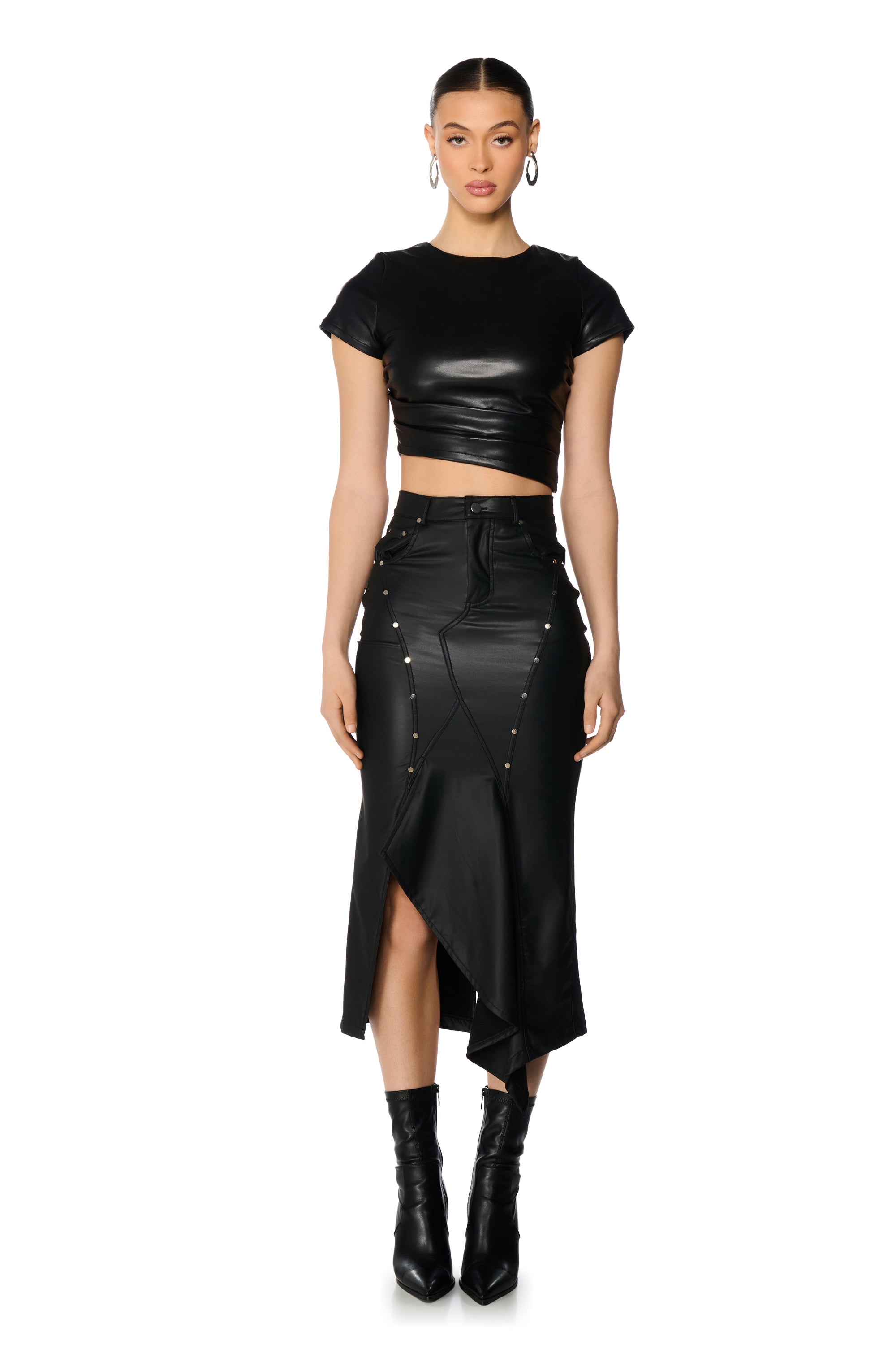 VALENTINA SHORT SLEEVE FAUX LEATHER CROP SHIRT