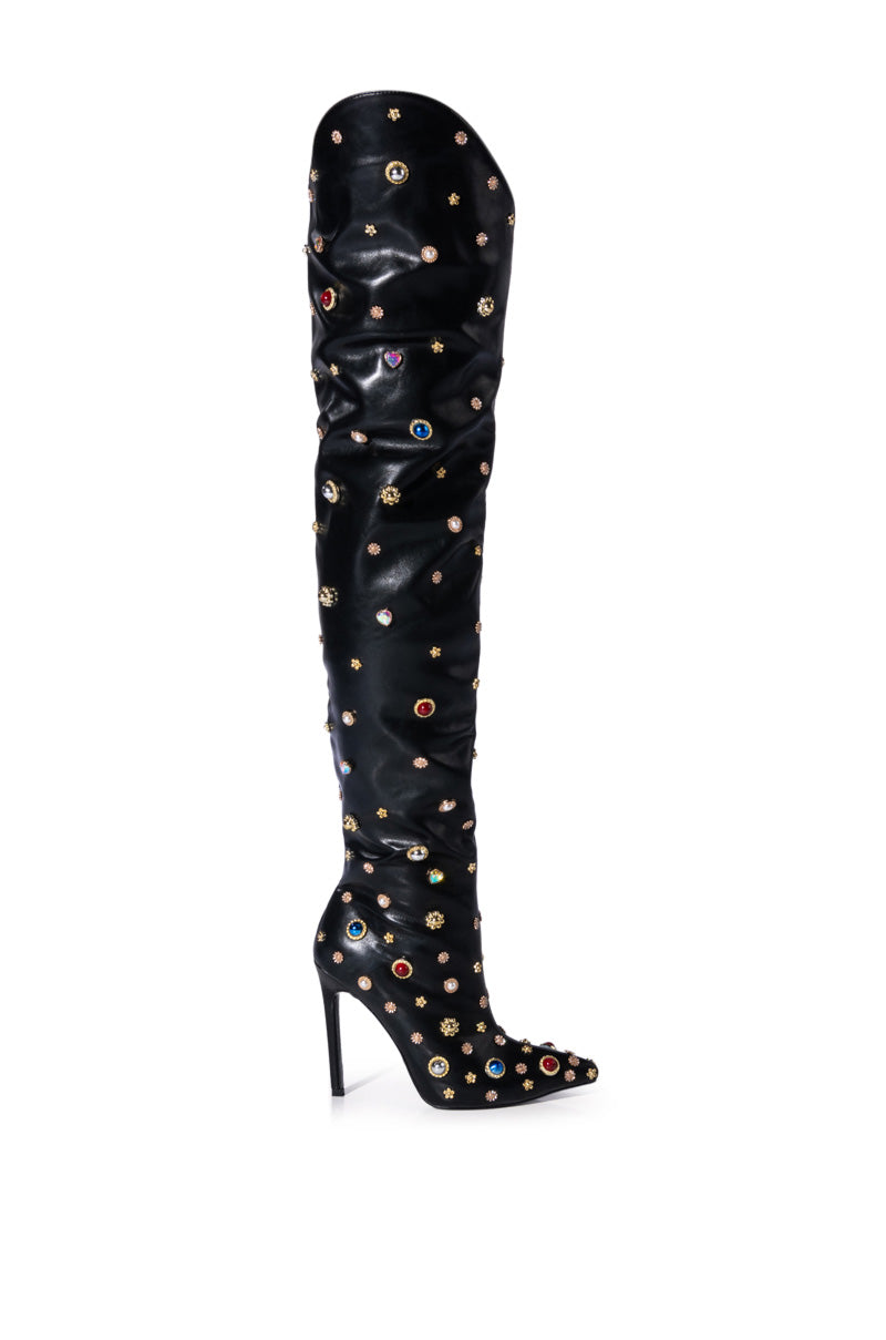 AZALEA WANG CORINNE EMBELLISHED ABOVE THE KNEE BOOT IN BLACK