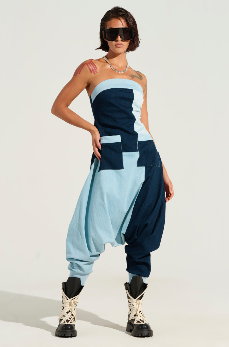 REINA PATCHWORK DENIM JUMPSUIT