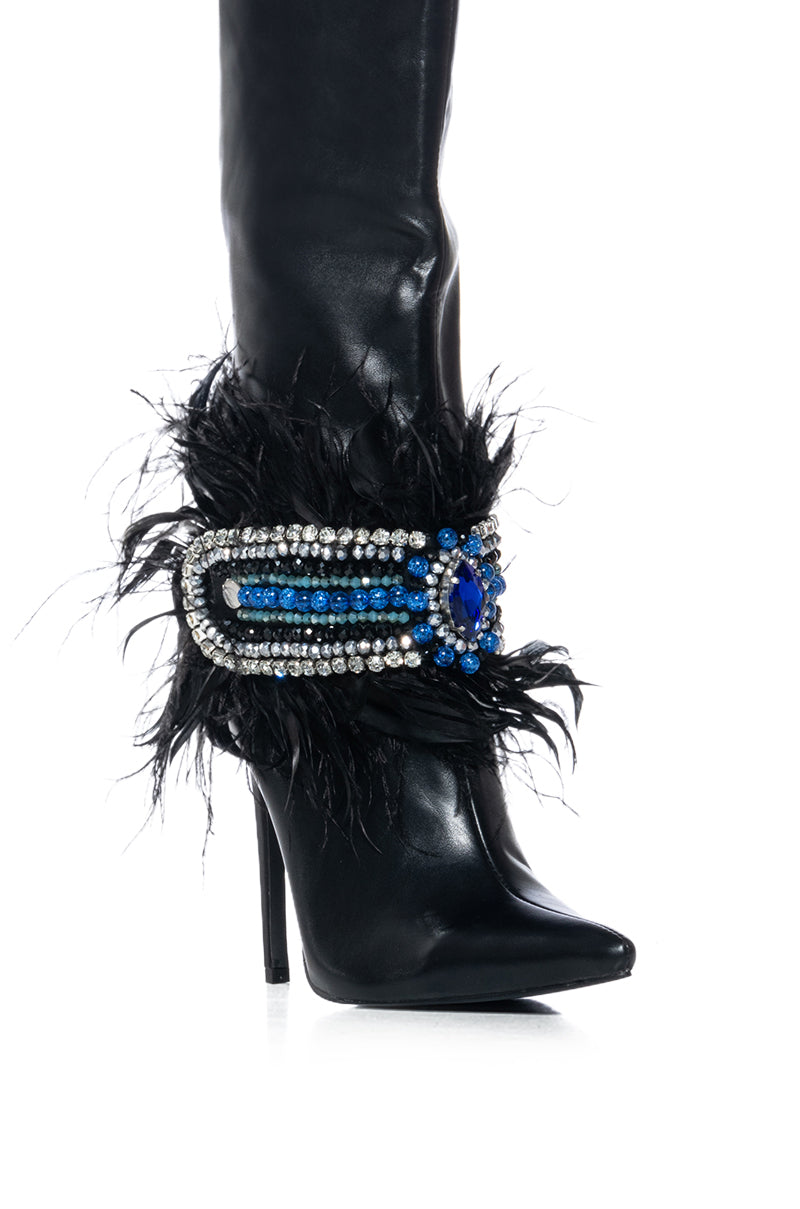 AZALEA WANG LEAD THE WAY FEATHER EMBELLISHED KNEE HIGH BOOT IN BLACK