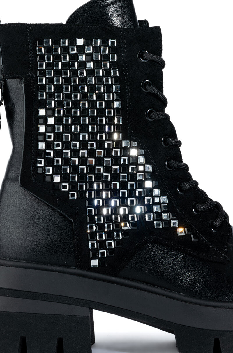 AZALEA WANG PHOEBE FLATFORM BLING COMBAT BOOT IN BLACK