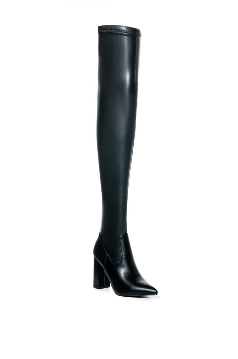 AZALEA WANG ESTELLA THIGH HIGH STRETCH STILETTO BOOT IN BLACK